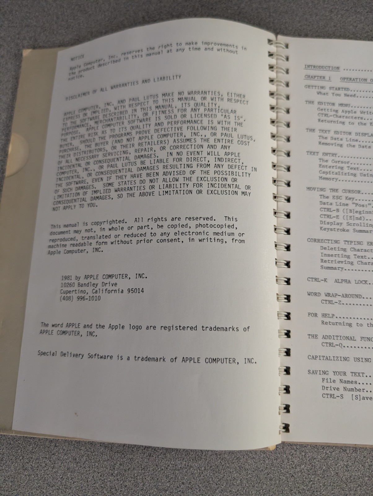 Original spiral-bound Apple Writer ][ Operating Manual (1981)
