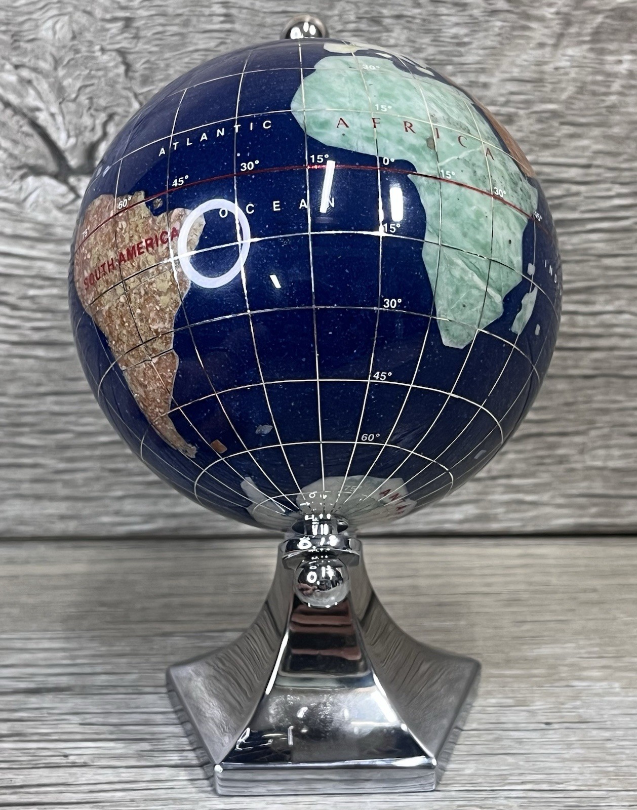 GEMSTONE MINI WORLD GLOBE Semi-Precious Inlay Chrome Stand 5.5" Tabletop Decor