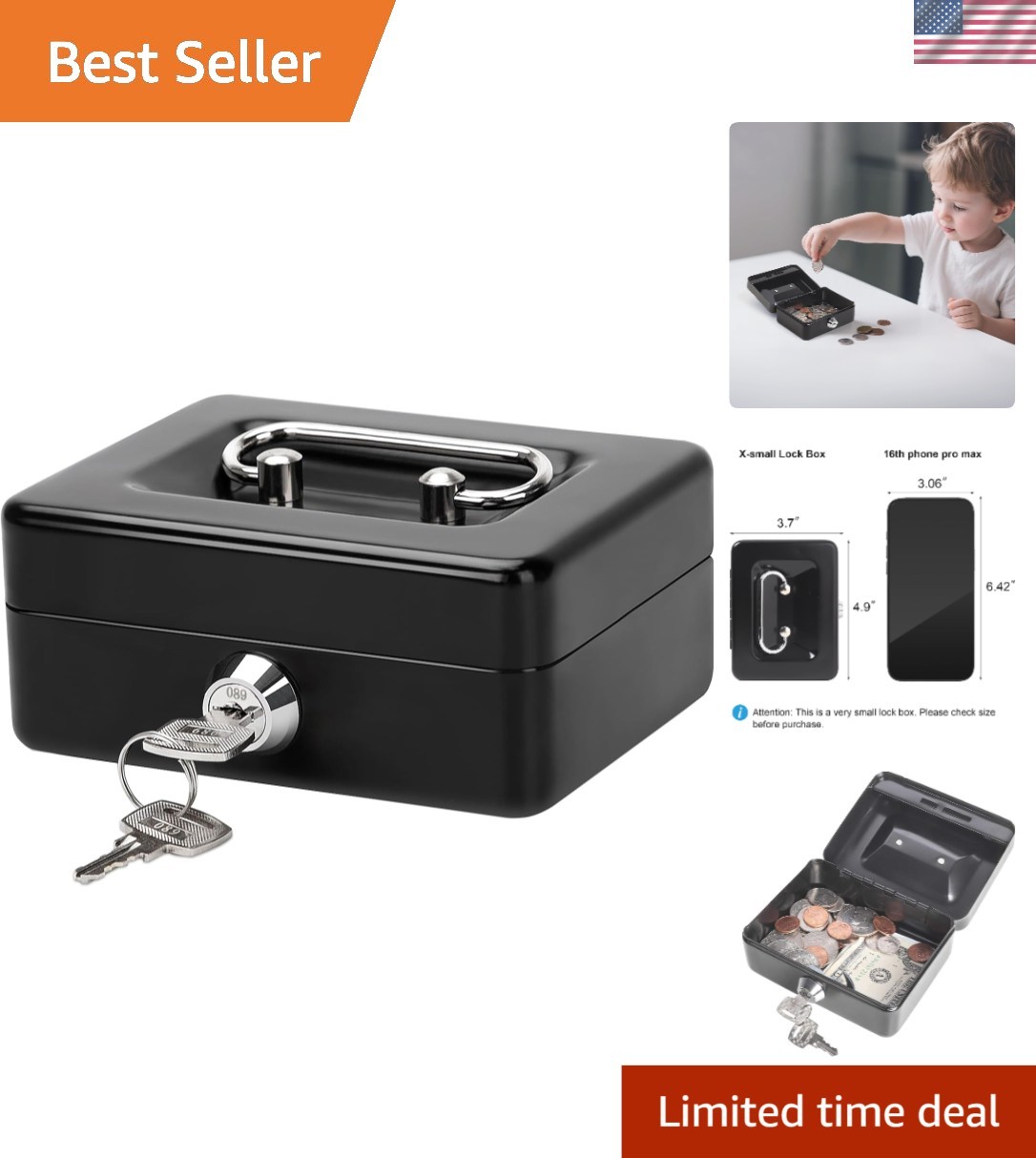 X-Small Elegant Cash Box with Secure Key Lock - Portable Alloy Steel Storage