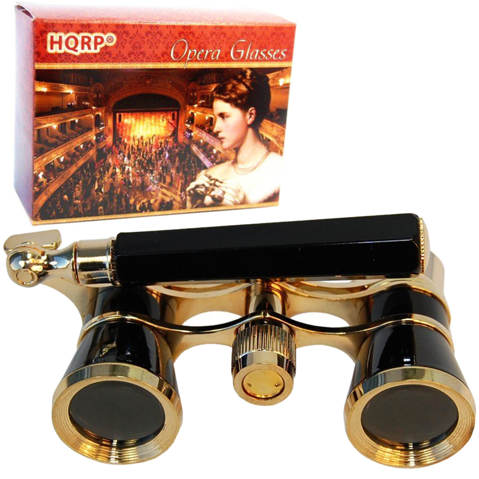 HQRP Opera Glasses Black with Gold Trim w/ BuiltIn Extendable Handle in Gift Box