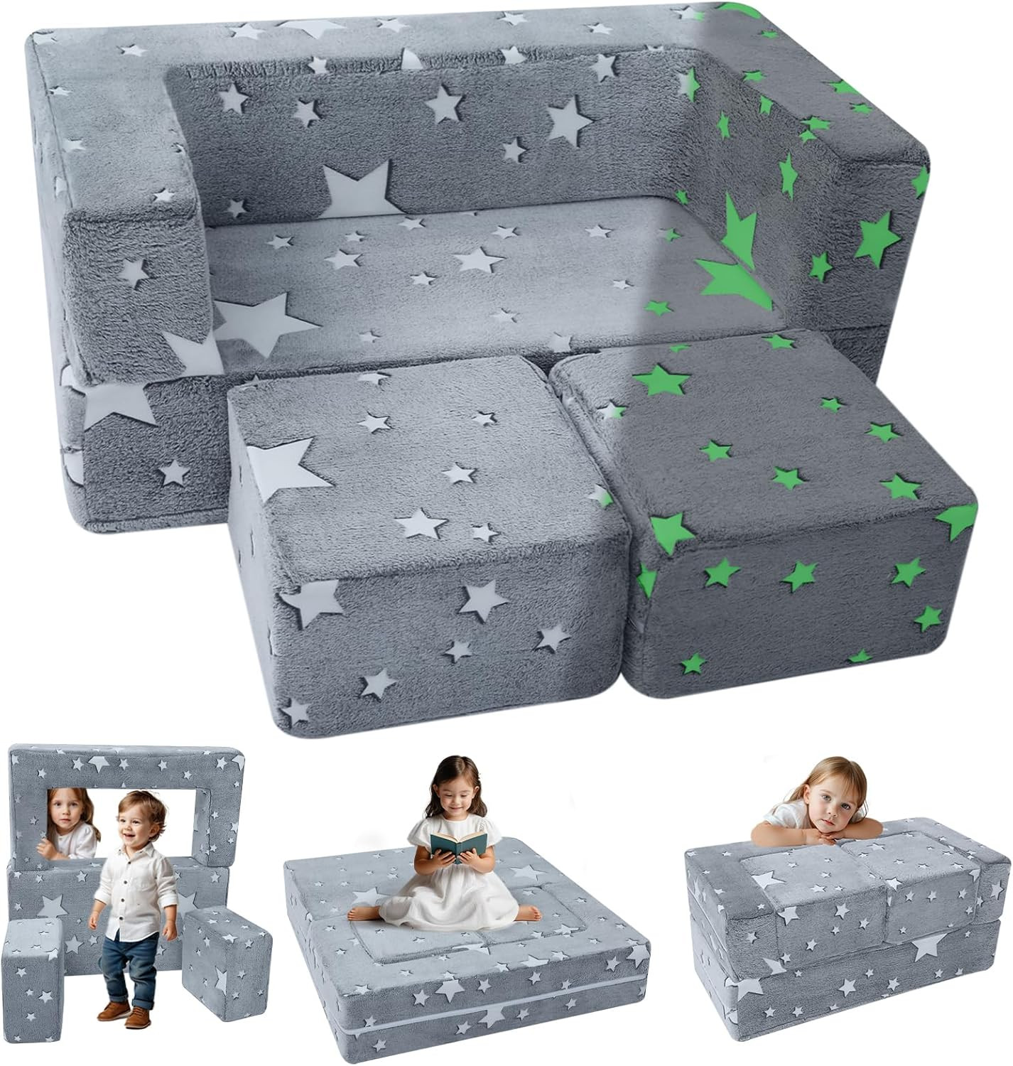 Modular Kids Play Couch Sofa – Glow in the Dark Star Design, Fold-Out Toddler Co