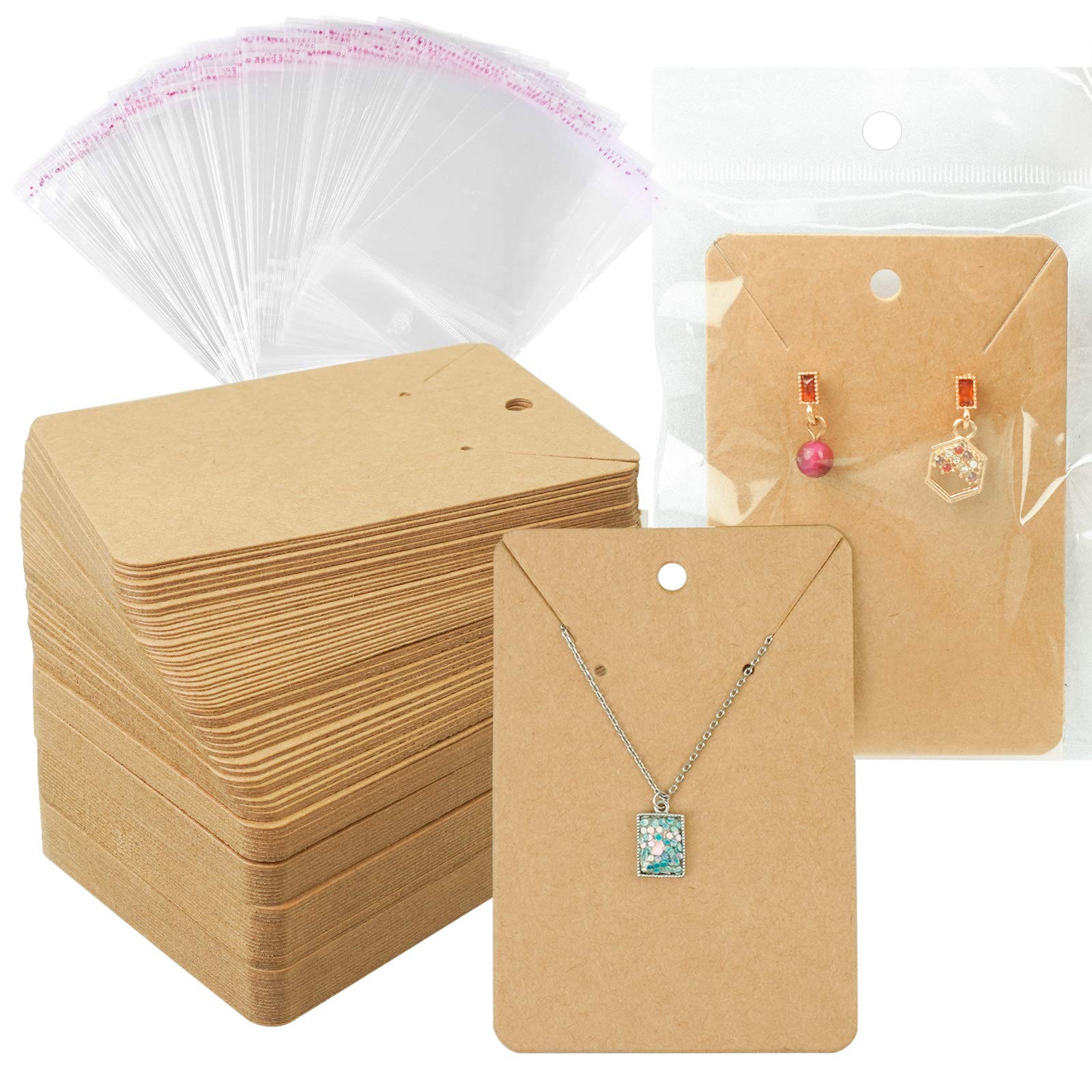 Earring Cards Necklace Display with Bags,150 Brown