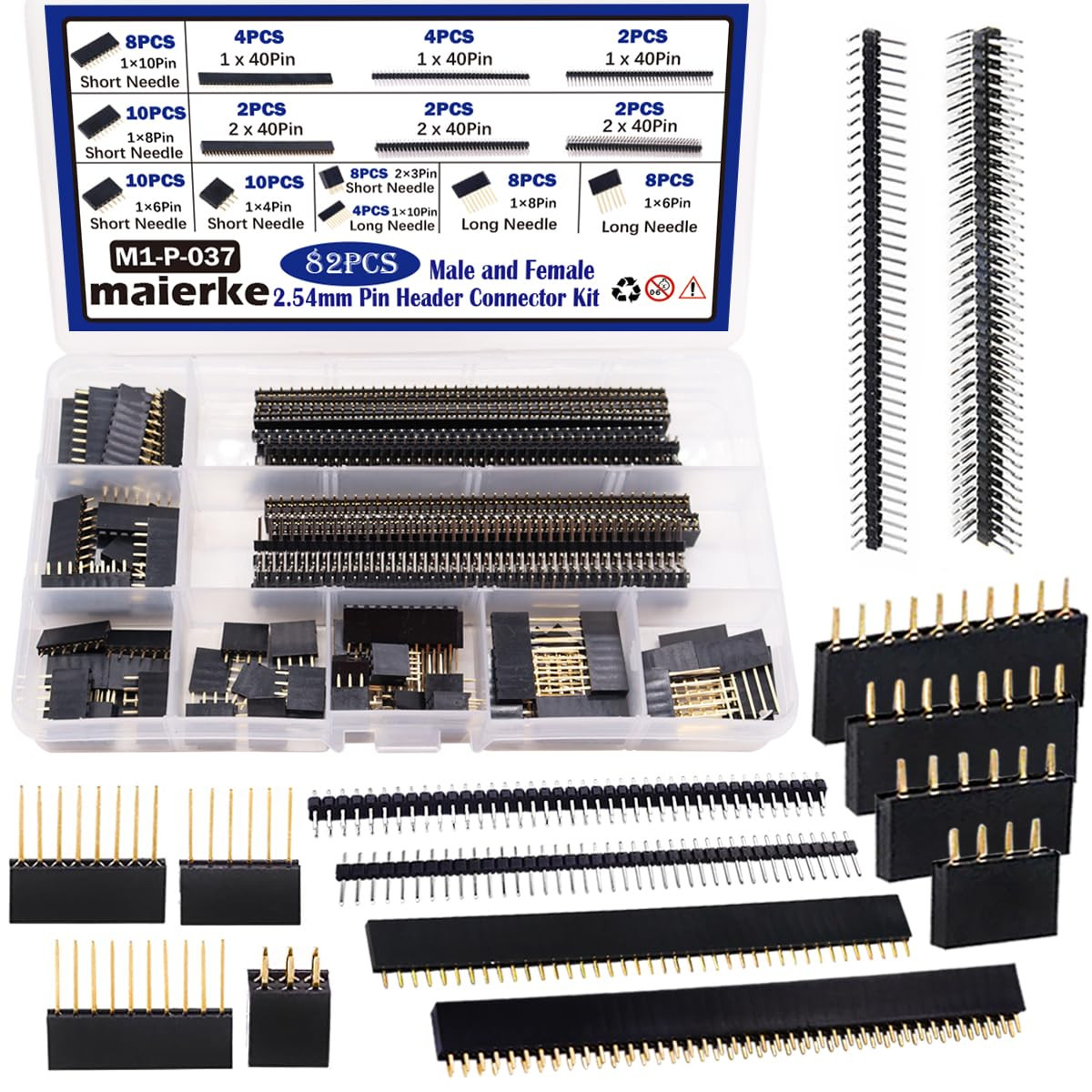 82PCS 2.54Mm Pitch Male and Female Header Pins Connector Assortment Kit, Stackab
