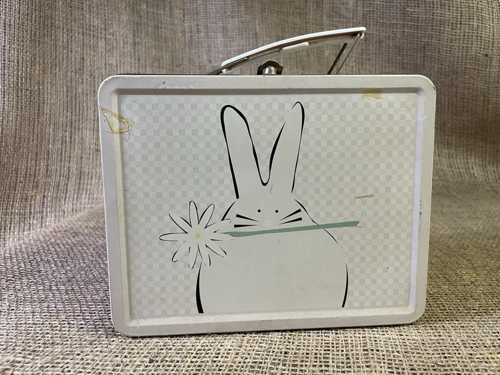 Bunny with White Flower Metal Lunchbox / Tin, 6x7”