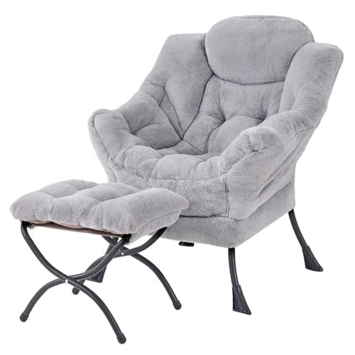 Modern Plush Chair with Ottoman in Light Grey - Large Lazy Chair