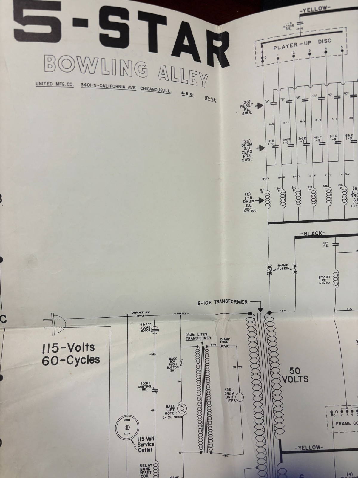 ORIGINAL-UNITED MFG-5 STAR BOWLING ALLEY-SCHEMATICS