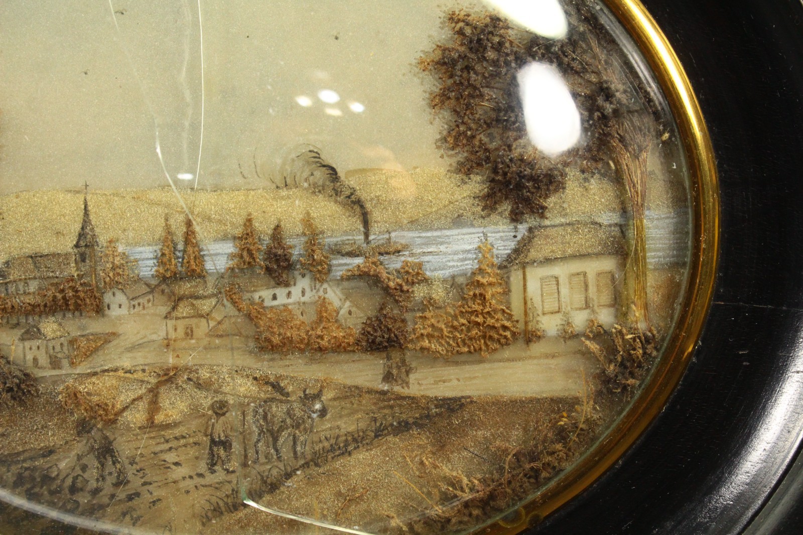 Antique 19th C. Mixed Media Reverse Glass Grisaille Diorama Oval Ebonized Frame