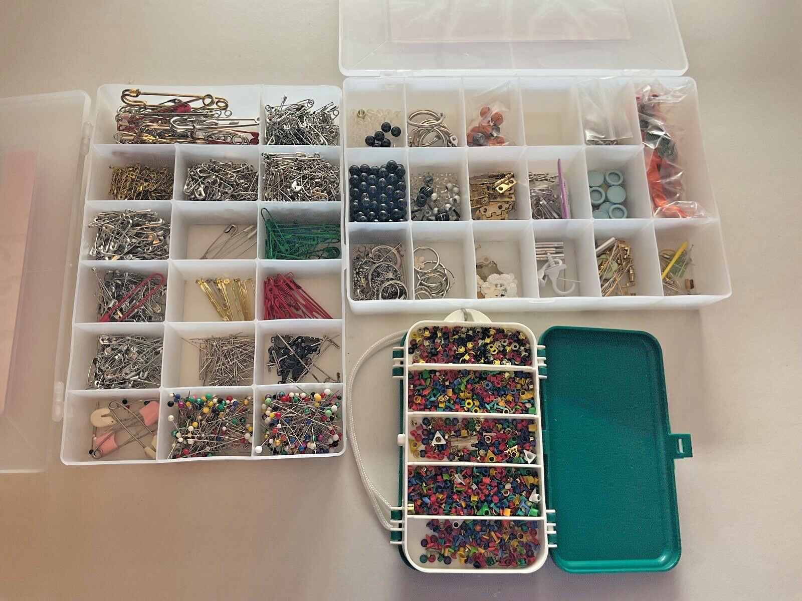 3 assorted containers of crafting sewing rivets pins clips clasps CTMH & misc