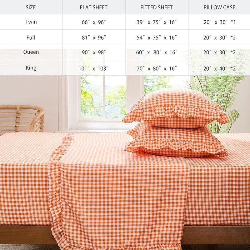 Gingham Ruffle Microfiber Full Sheet Set Deep Pocket Wrinkle Resistant Bedding