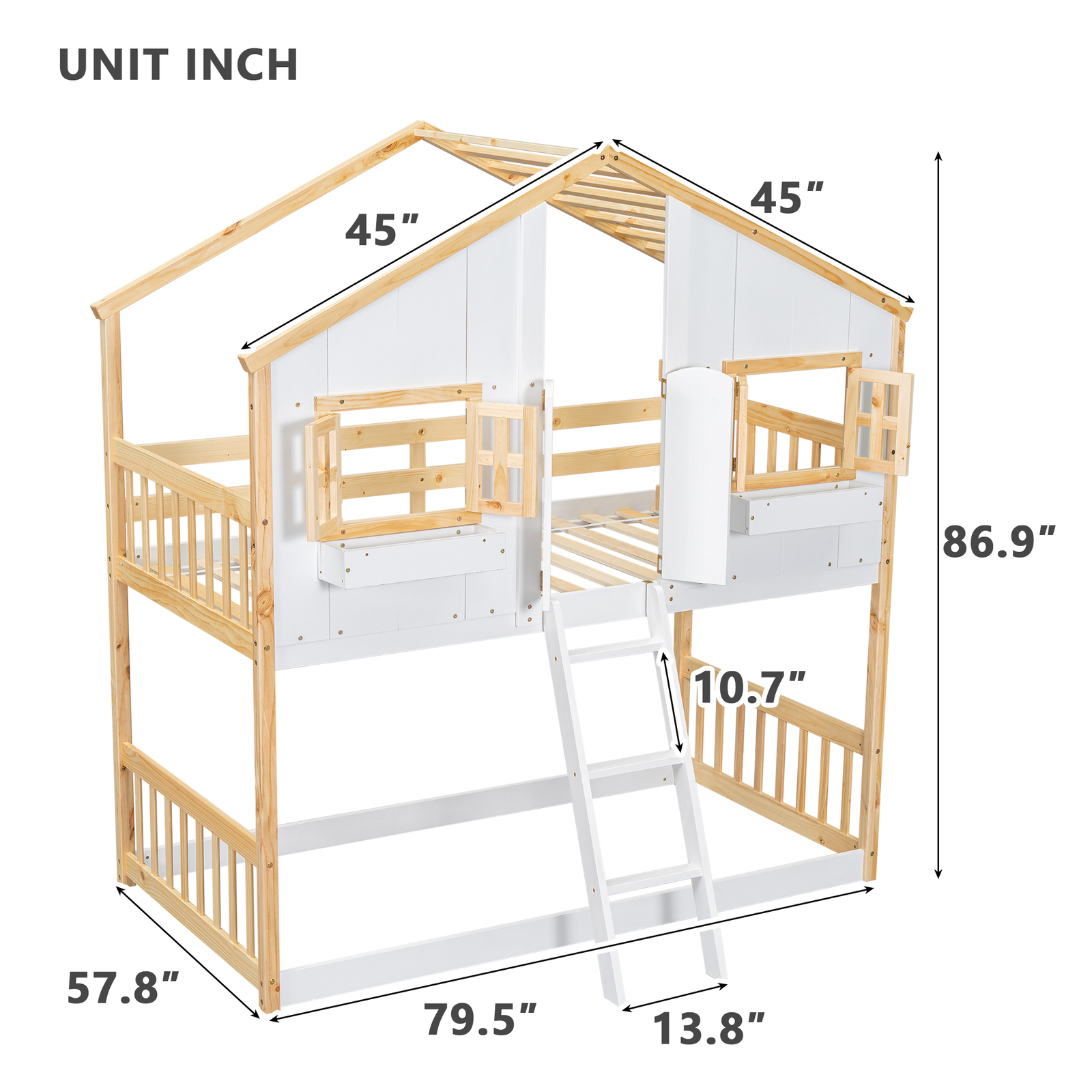 Twin over Twin House Bunk Bed Frame With Roof /Window/Door/Ladder Natural White
