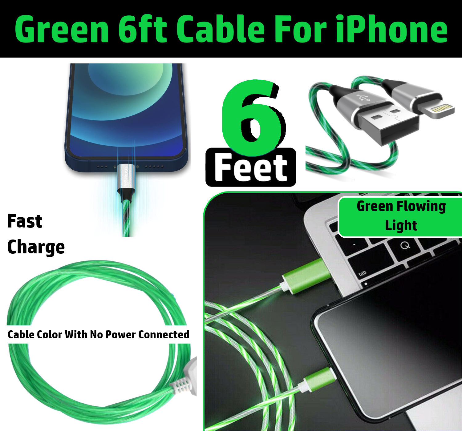 2 Pack 6ft LED Fast Charge 8 Pin Cable for Apple iPhone 13 12 11 X XR XS Pro Max