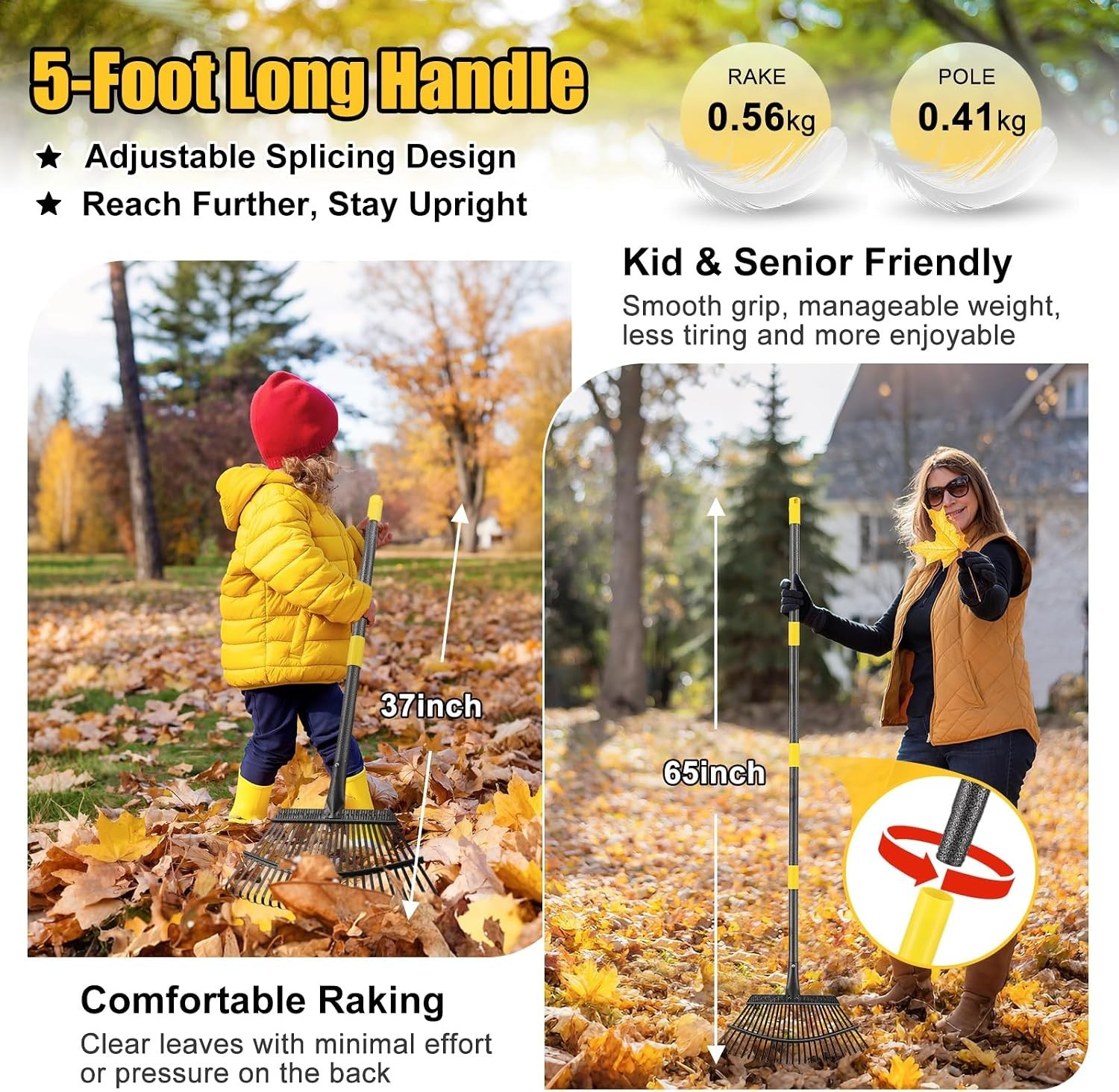 Garden Rake for Leaves: 18” Wide Metal Leaf Rake, 65” Long Adjustable Handle,...