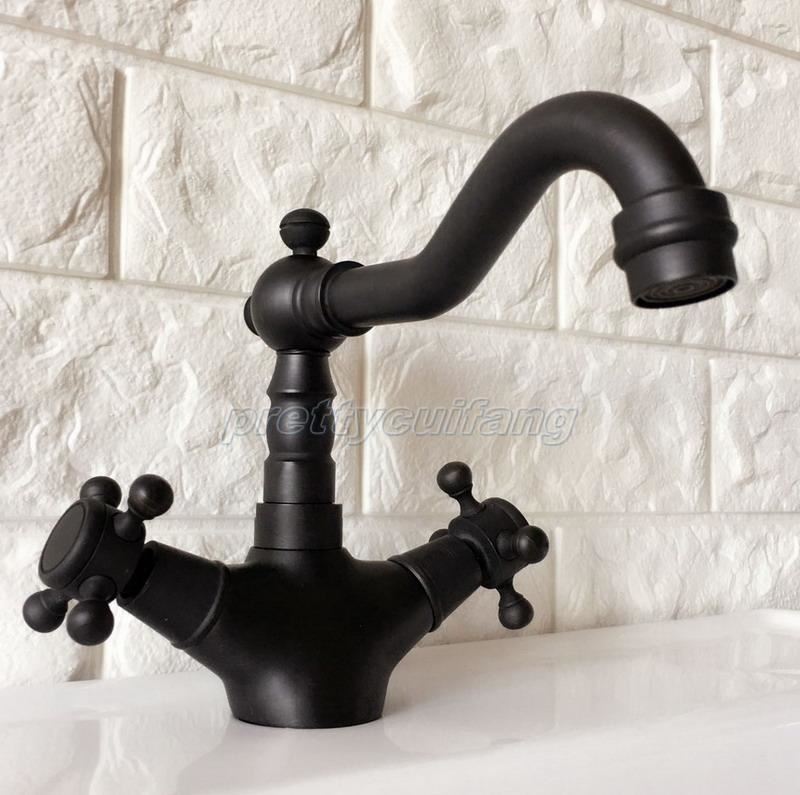 Black Oil Rubbed Brass Swivel Kitchen Sink Faucet Double Handle Mixer Tap Pnf346