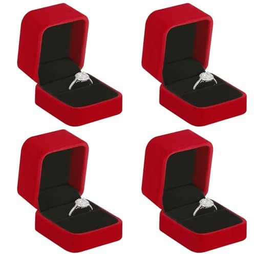 4 Pieces Velvet Ring Gift Boxes Set, Earring Pendant Jewelry Case, Red