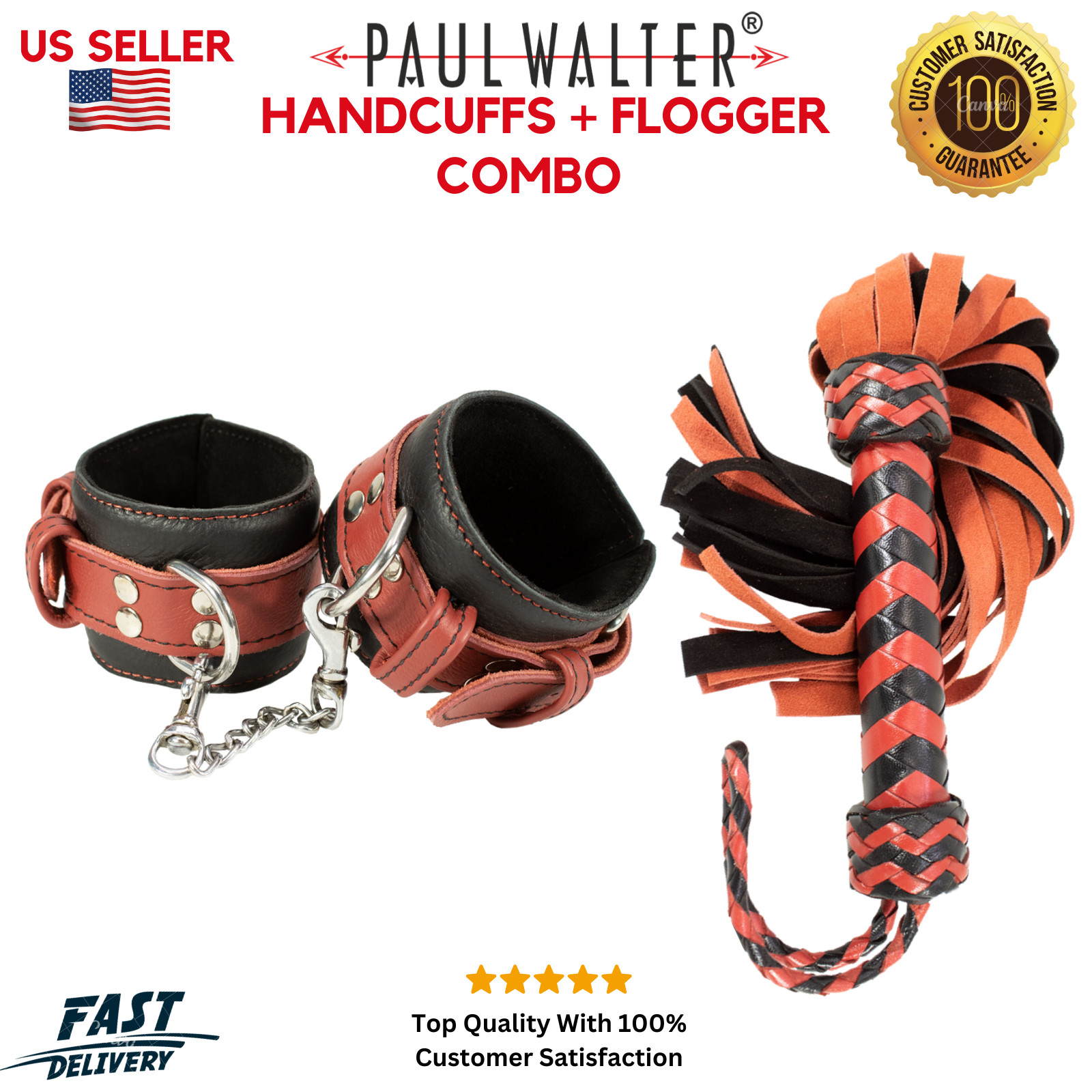 Premium Real Leather BDSM Bondage Set – Couples Handcuffs & Flogger Kit