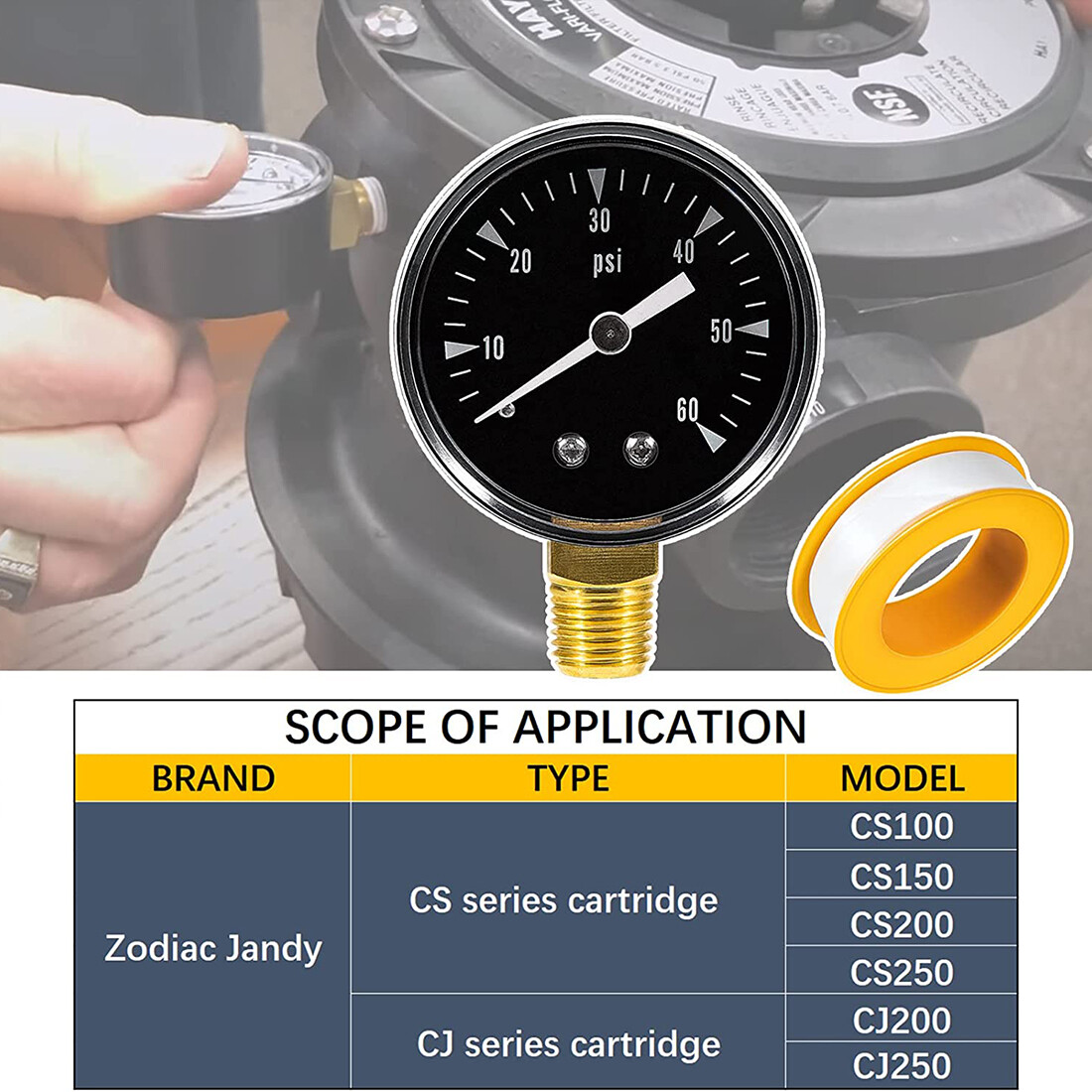 0-60 PSI Pressure Gauge R0556900 0.25" MPT for Zodiac Jandy CS CJ Series CS100