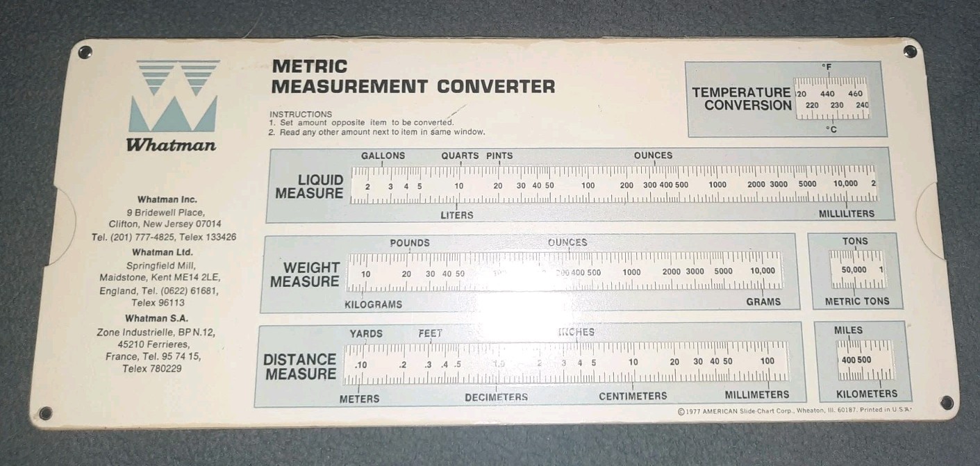 Vtg 1977 Slide Converter Whatman Inc Metric Measurement & Filter Paper Selector