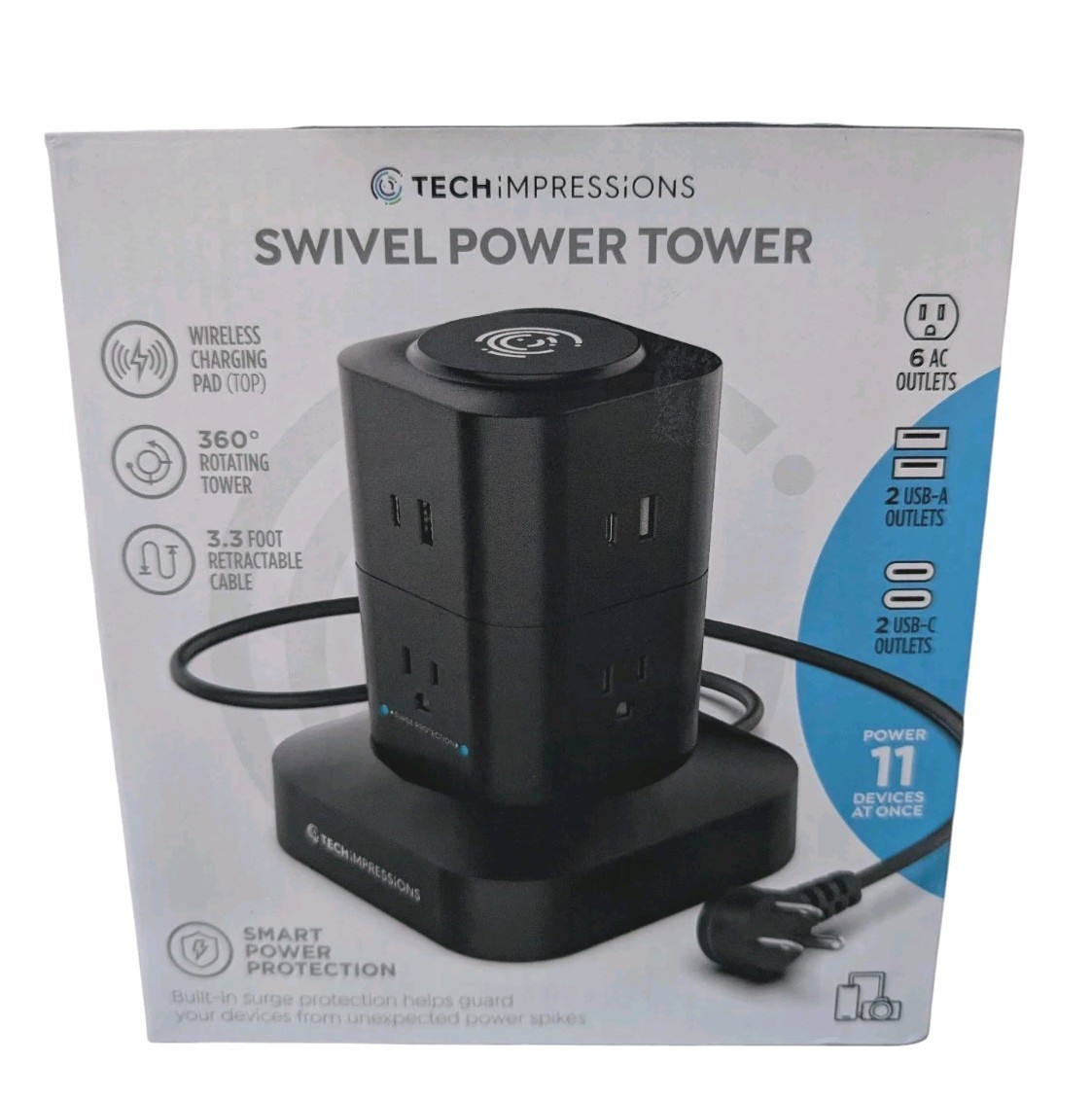 Tech Impressions Spinning Charging Tower w/Surge Protection-Black-NEW