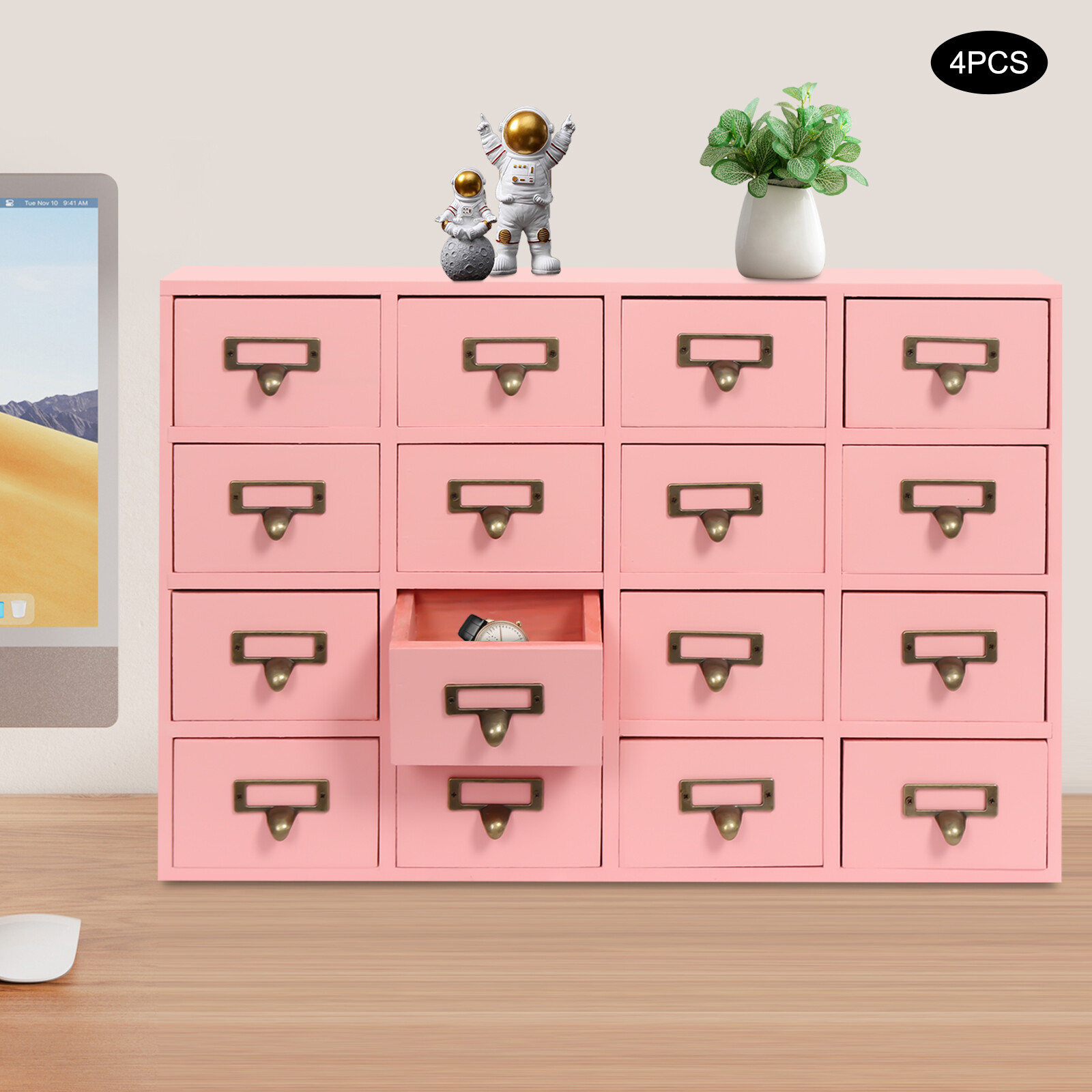 4 PCS 16-Drawer Pink Cabinets Rectangle Storage Cabinet 64-Drawer Storage Box
