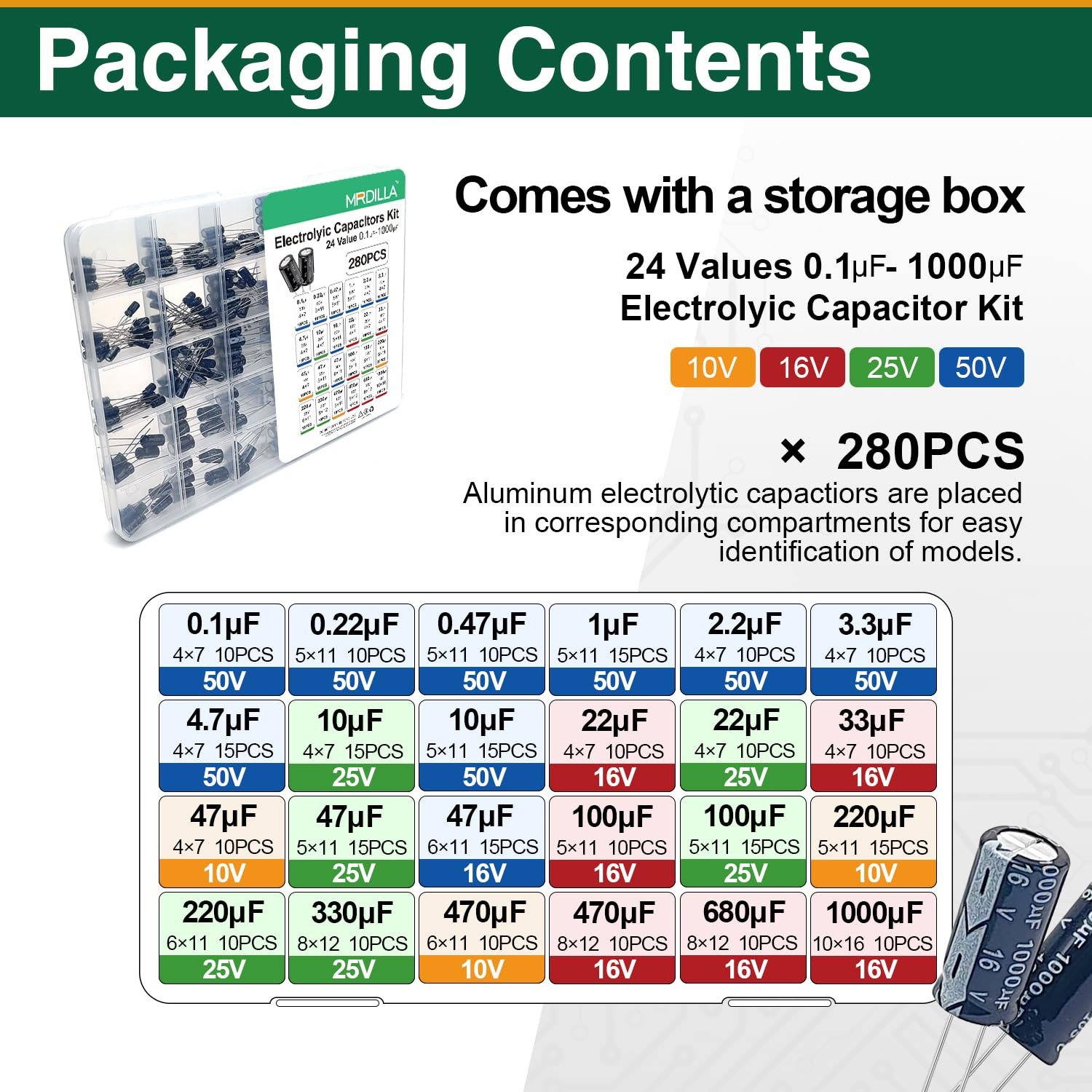 280 Pcs 24 Values Electrolytic Capacitor Assortment Box Kit(0.1Uf - 1000Uf),Dire