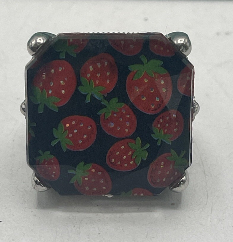 Silver Strawberry Square Enamel Ring Size 6.5