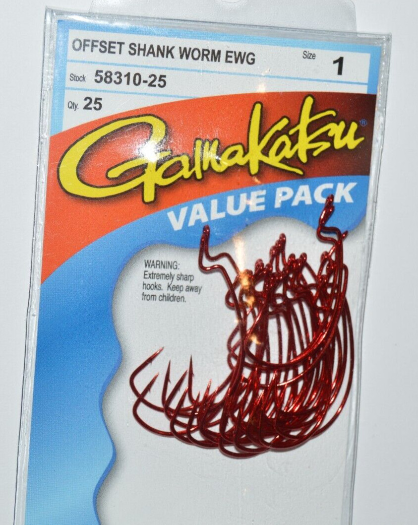 gamakatsu size 1 offset ewg shank worm red hook 25 hooks 58310-25 value pack