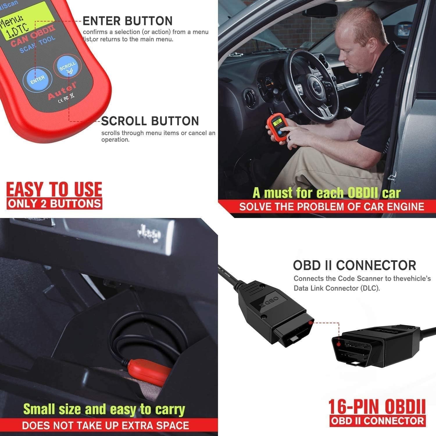 MS300 Scanner Code Reader, Turn Off Check Engine Light, Read & Erase Fault Co...