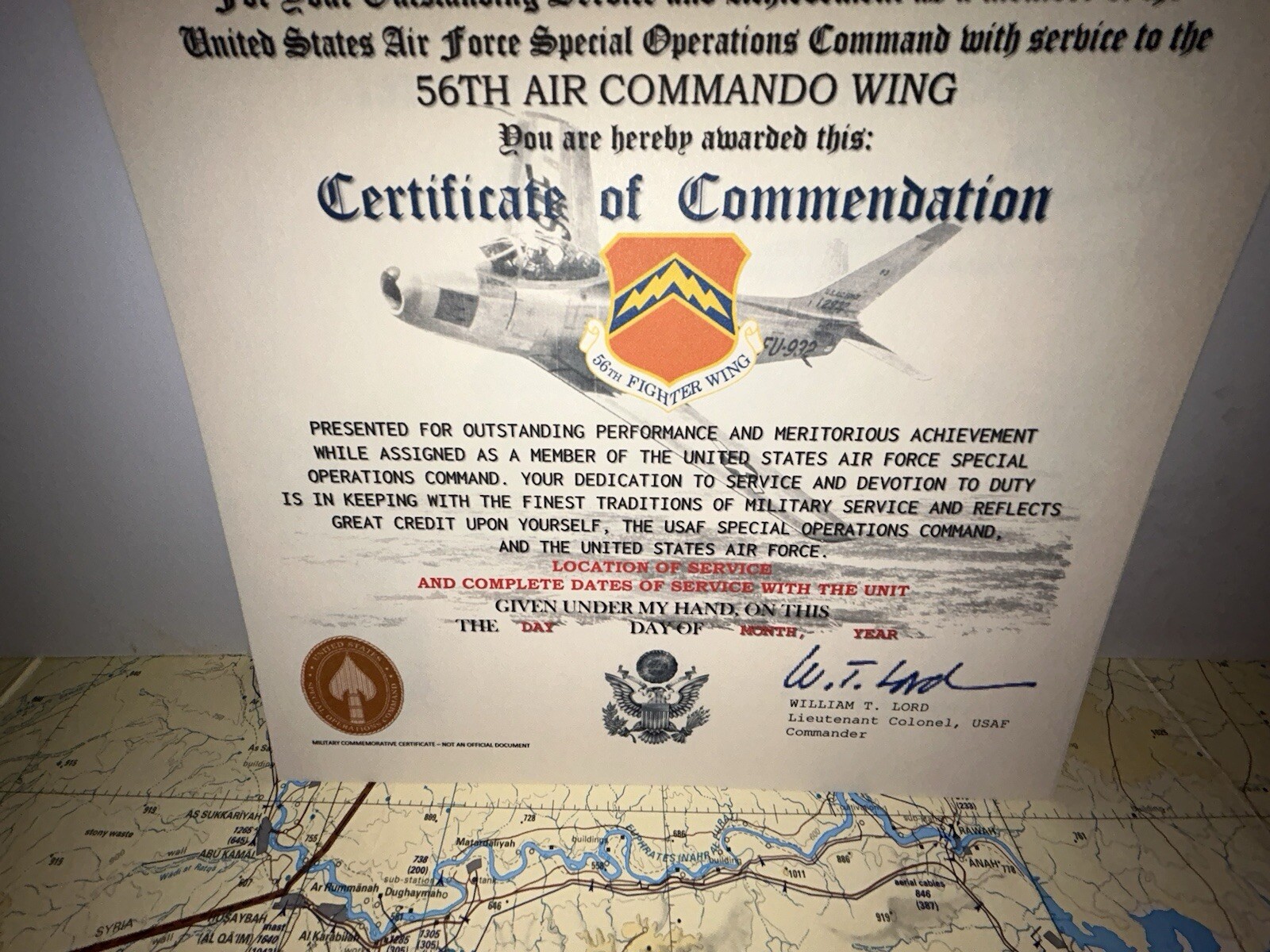 U.S.A.F. / 56TH AIR COMMANDO WING - CERTIFICATE OF COMMENDATION