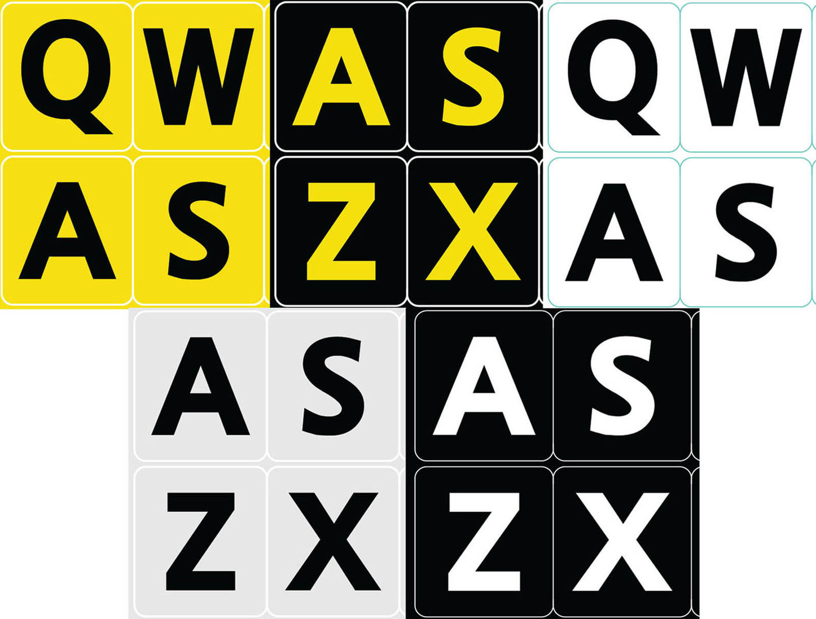 FIVE 5 ENGLISH US LARGE PRINT LETTERS BLACK YELLOW WHITE GRAY KEYBOARD STICKERS