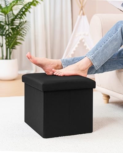 Folding Storage Ottoman Cube Ottomans for Living Linen Black 16.5"x12.6"x12.6"