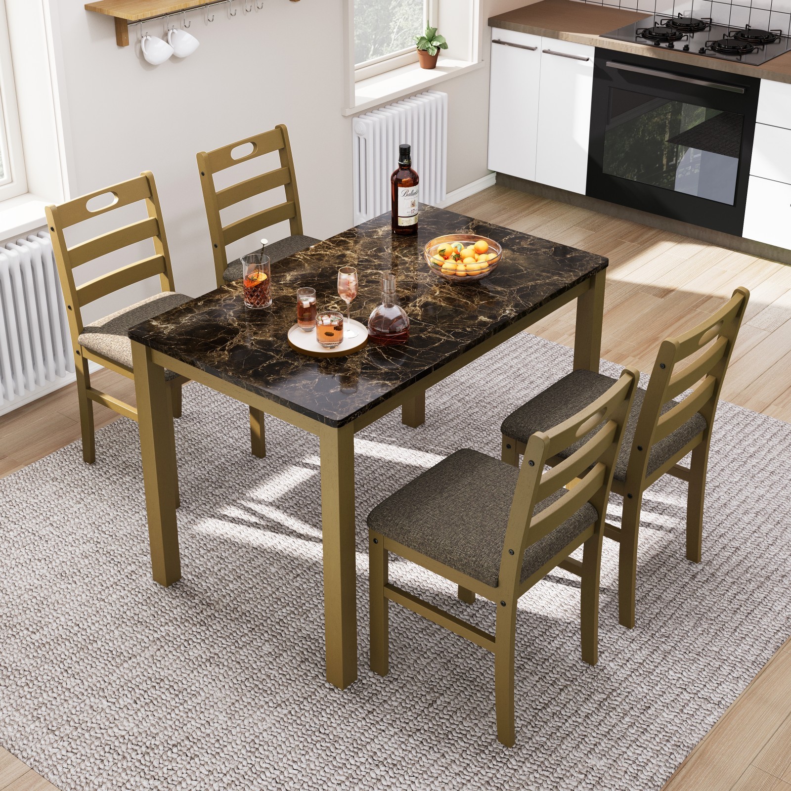 Kitchen Table and Dining Room Table Set, Wood Faux Marble Kitchen Sets for 4 NEW