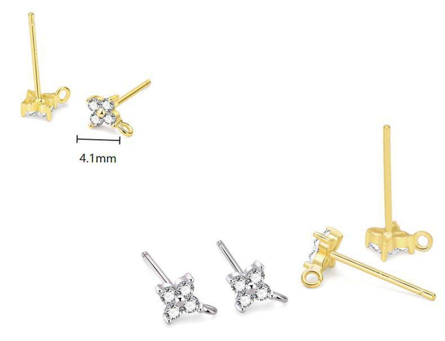 1Pair Sterling Silver Stud Earrings Component, CZ Clover Earrings Supply, Minim