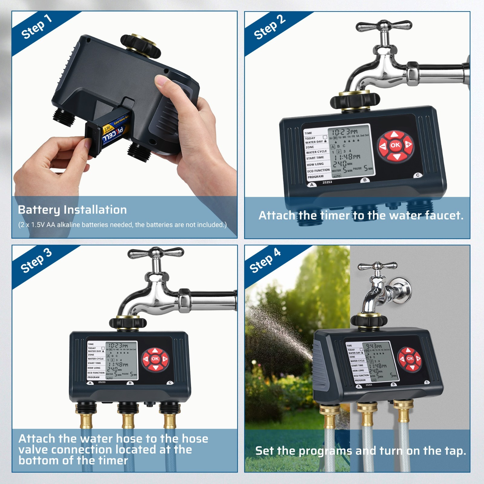 Sprinkler Timer 3 Zone,Watering Sprinkler Timer Automatic/Rain Delay/Manual Mode