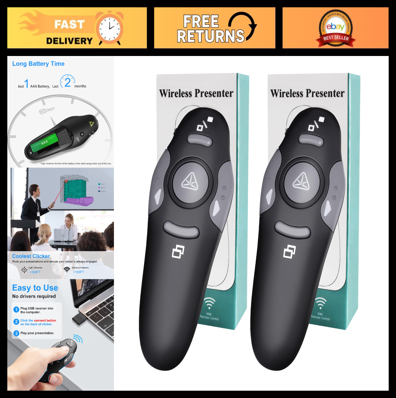 Wireless Presentation Clicker Remote with Laser Pointer for PowerPoint & Google