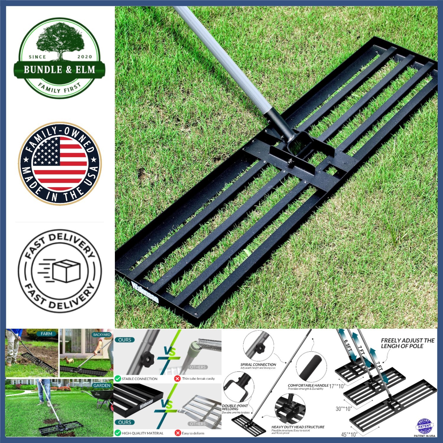 "7FT Lawn Leveling Tool with Detachable Handle for Yard and Garden Projects",