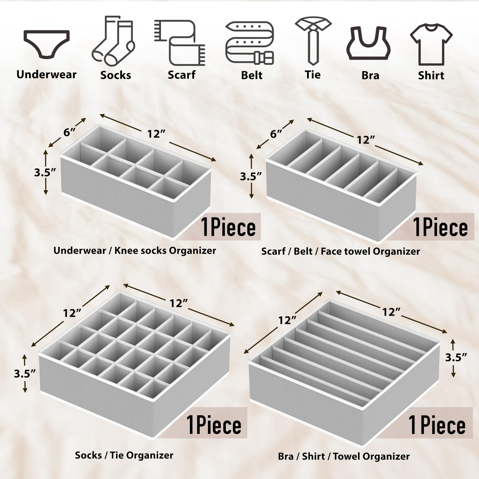 4-Pack Drawer Organizer Set for Underwear/Socks/Bra, Gray
