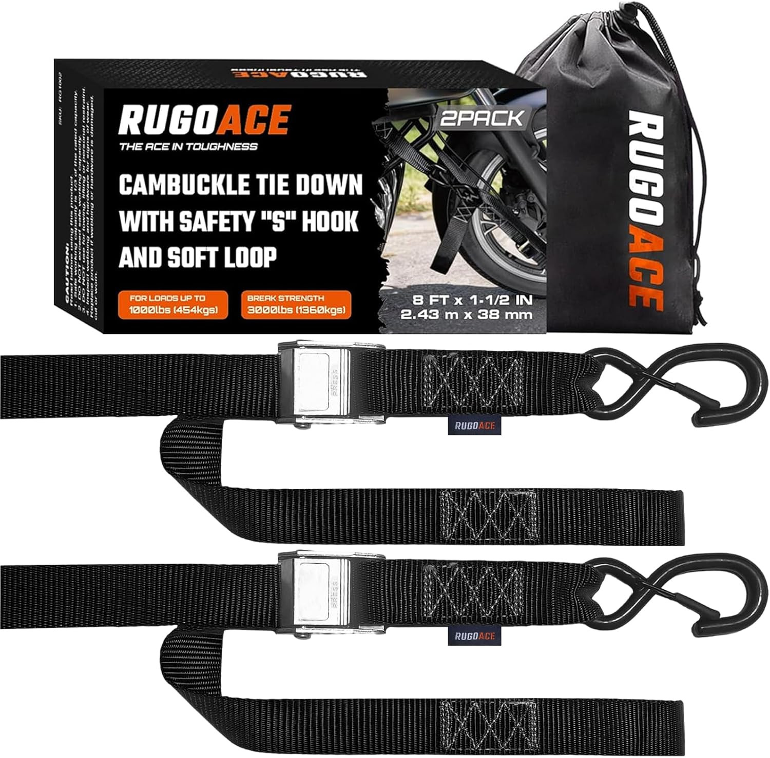 2PK 1.5" X 8FT Motorcycle Tie down Straps, 3,000Lb Break Strength, Heavy Duty Ca