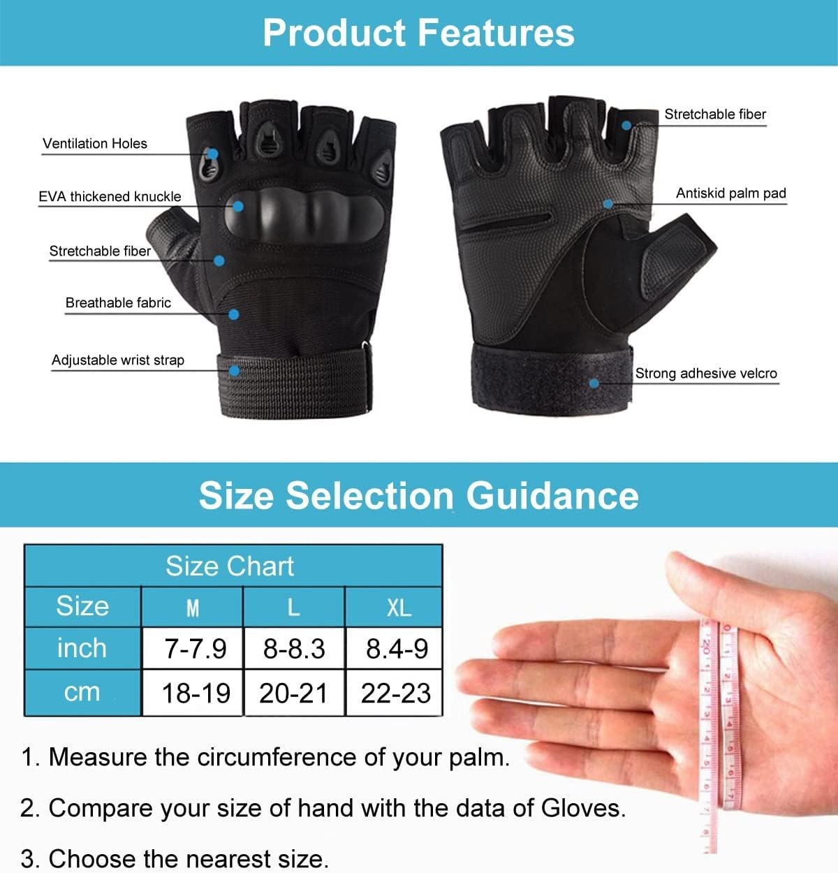 Durable Fingerless Workout Gloves with Knuckle Protection for Men - Black
