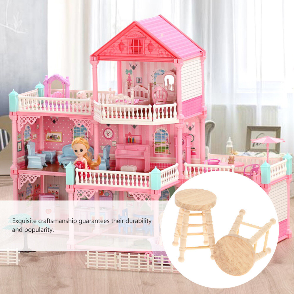 4PCS Wooden Stools Photo Props Kids Playthings Dollhouse Supplies (Khaki)