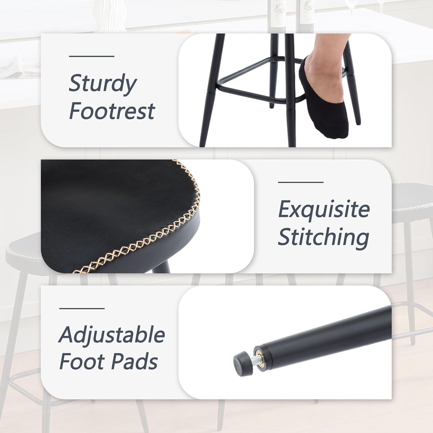 Counter Stools Set of 3, Modern 24 inch Counter Height Stools,Black Faux Leather