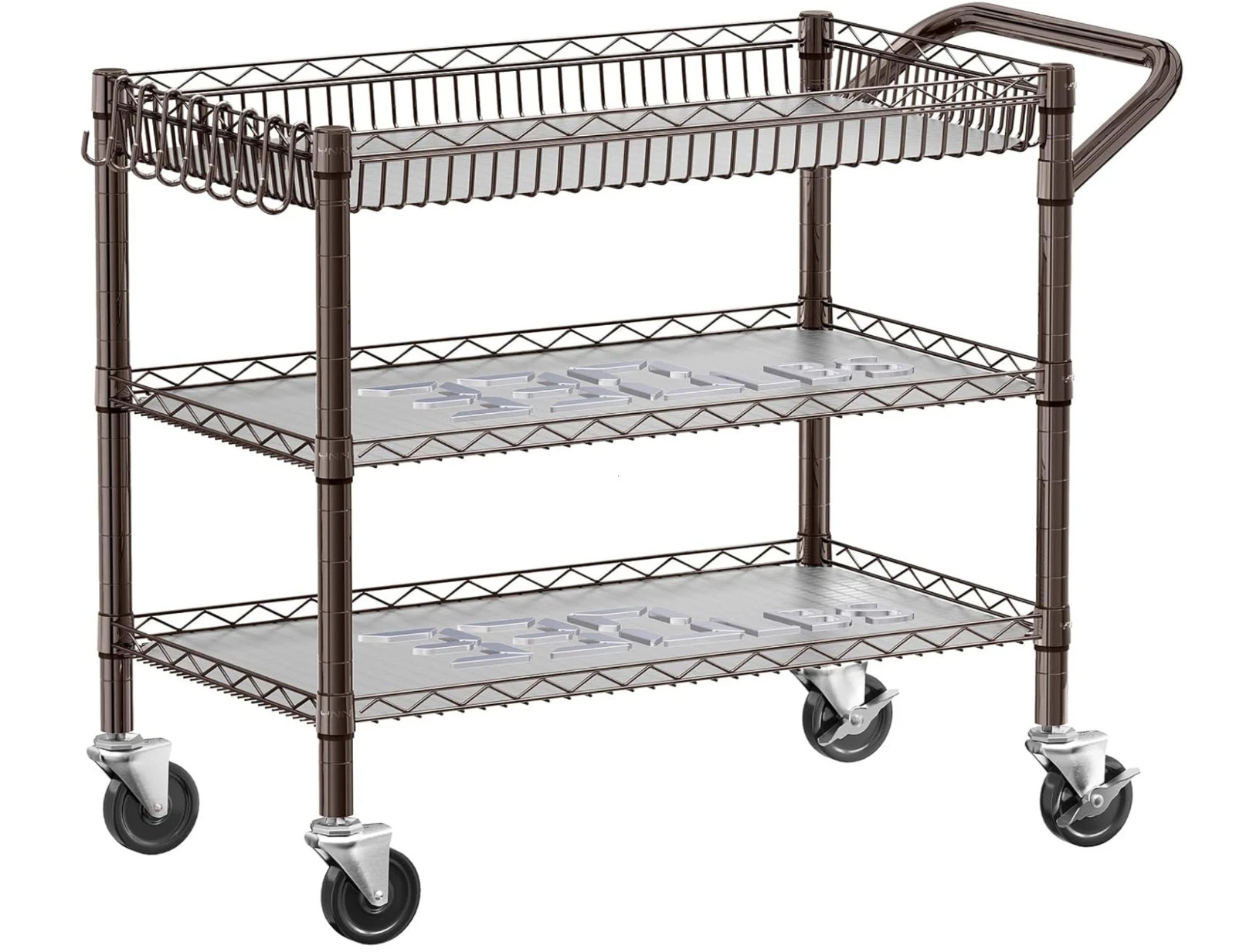 Bronze Utility Rolling Cart 3 Tier Heavy Duty Metal Cart with Wheels & Handle