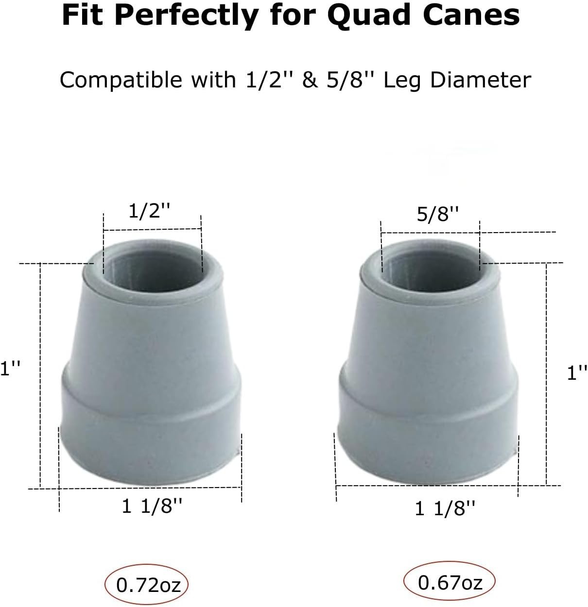 Quad Cane Tips 1/2 Inch Rubber Tips Replacement for Walking Cane Stick and
