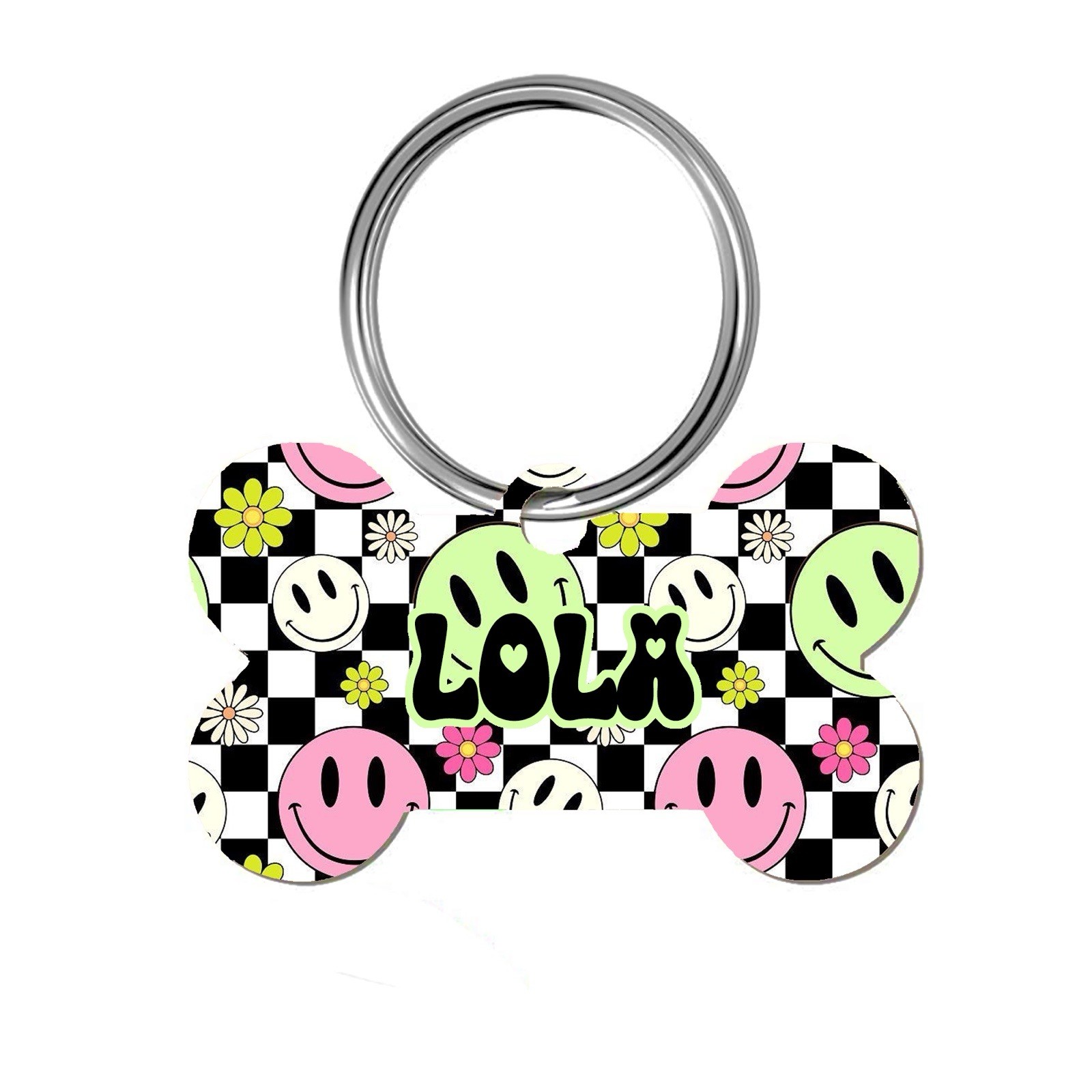 Groovy Checkered Personalized Pet ID Dog Tag Name Plate Unique Design Girly Cute
