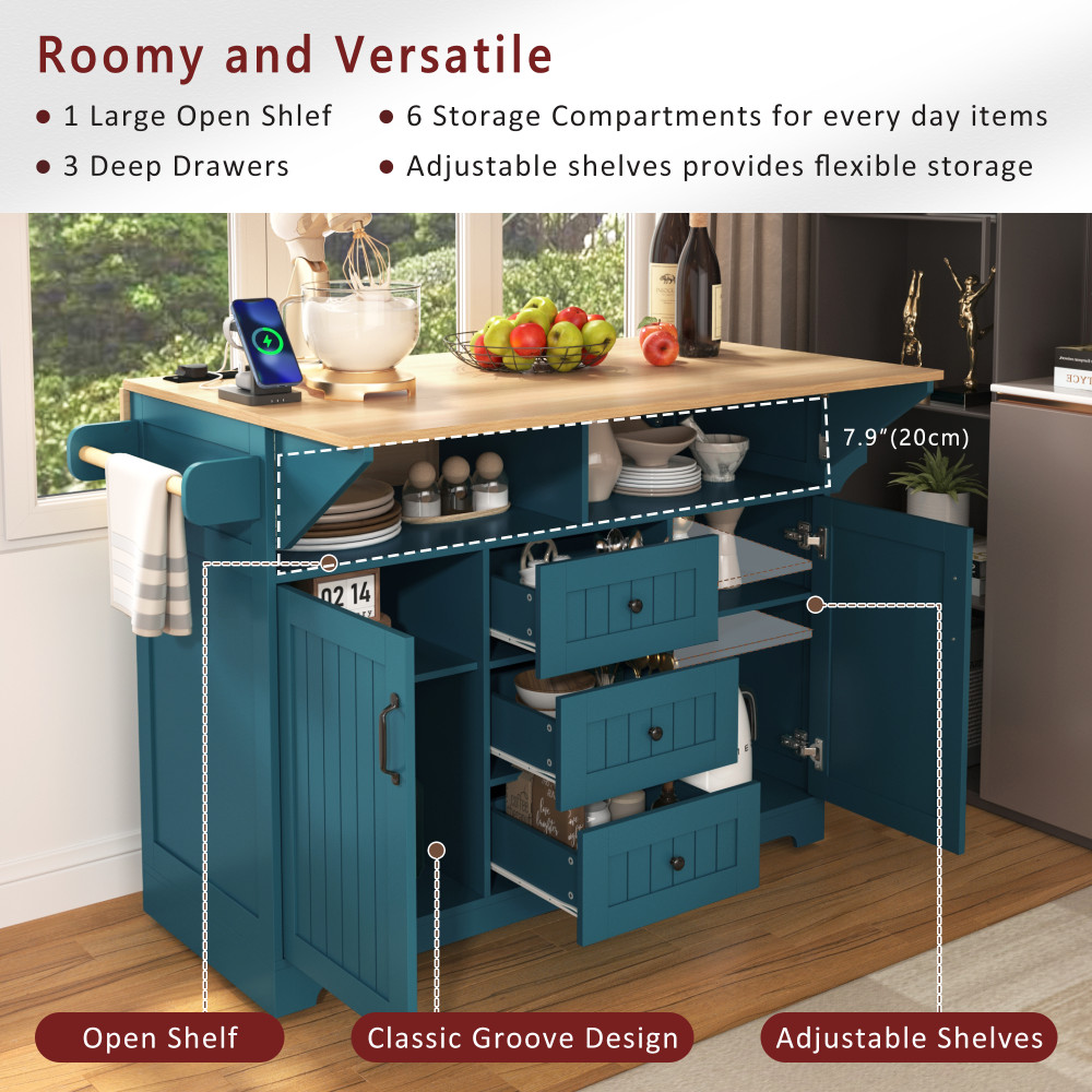 55.7'' Large Kitchen Island with 2 Drop Leaf,, Rolling Kitchen Cart on 5 Wheels
