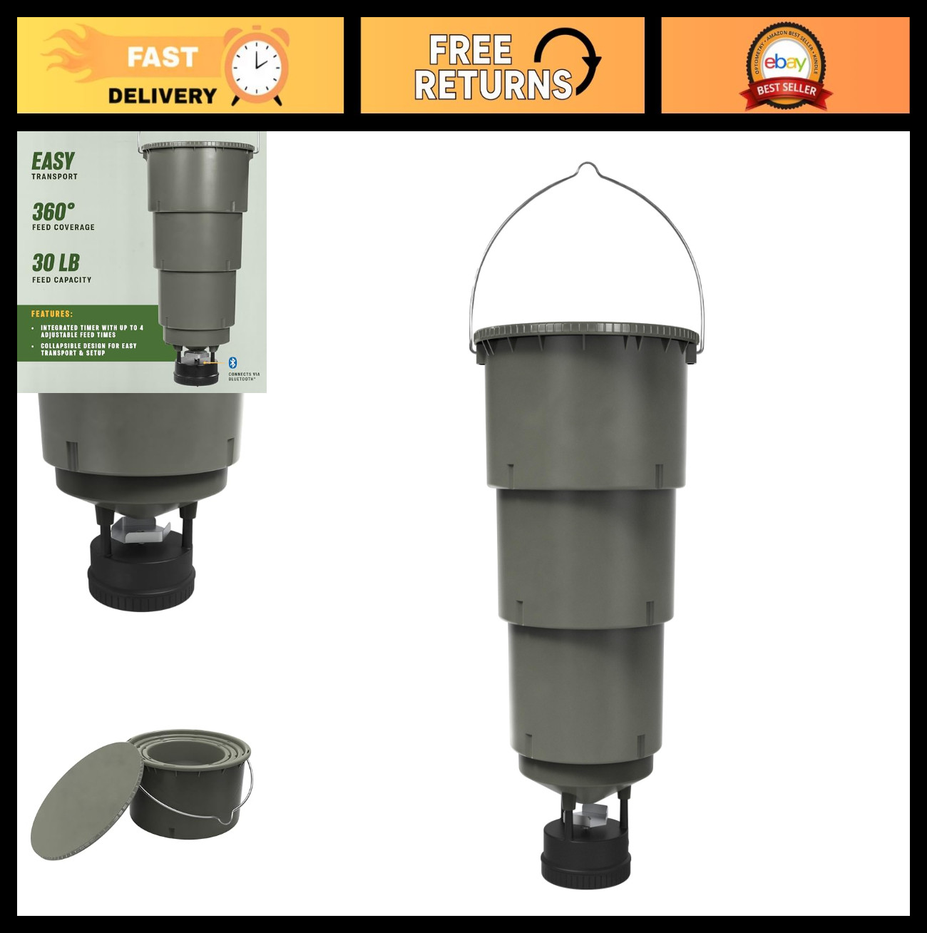 30 Lb Hanging Deer Feeder with Bluetooth, Collapsible Design, Pairs with Edge 3