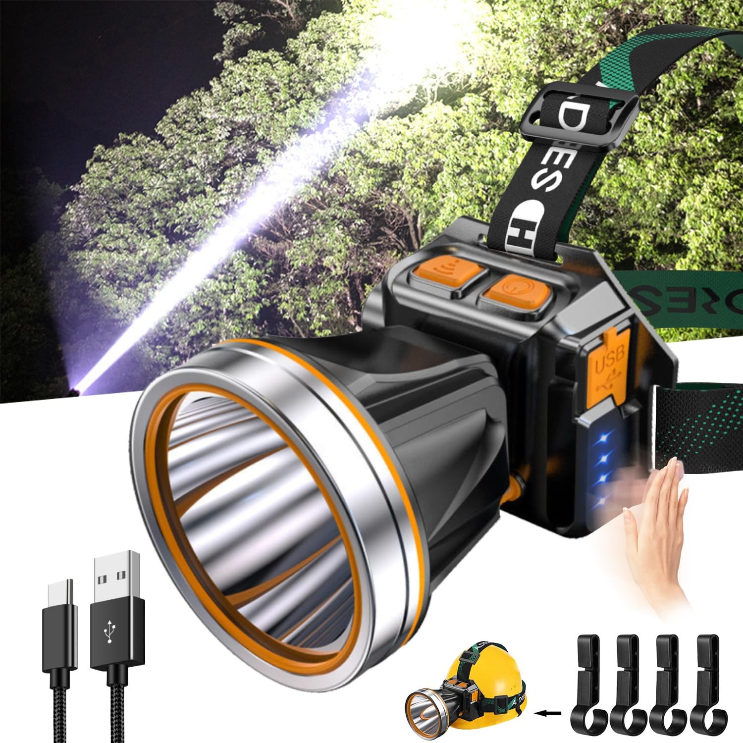 High Power LED Headlamp Super Bright Adult Motion Sensor Headlight Spotlight ...