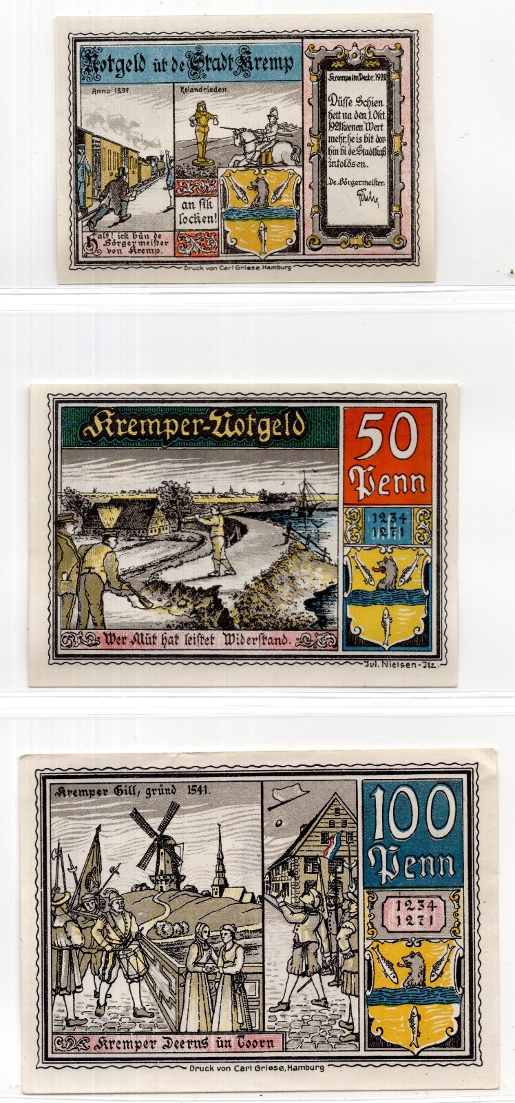1921 Germany Kremp Notgeld Set of 3 Notes (NG1192)