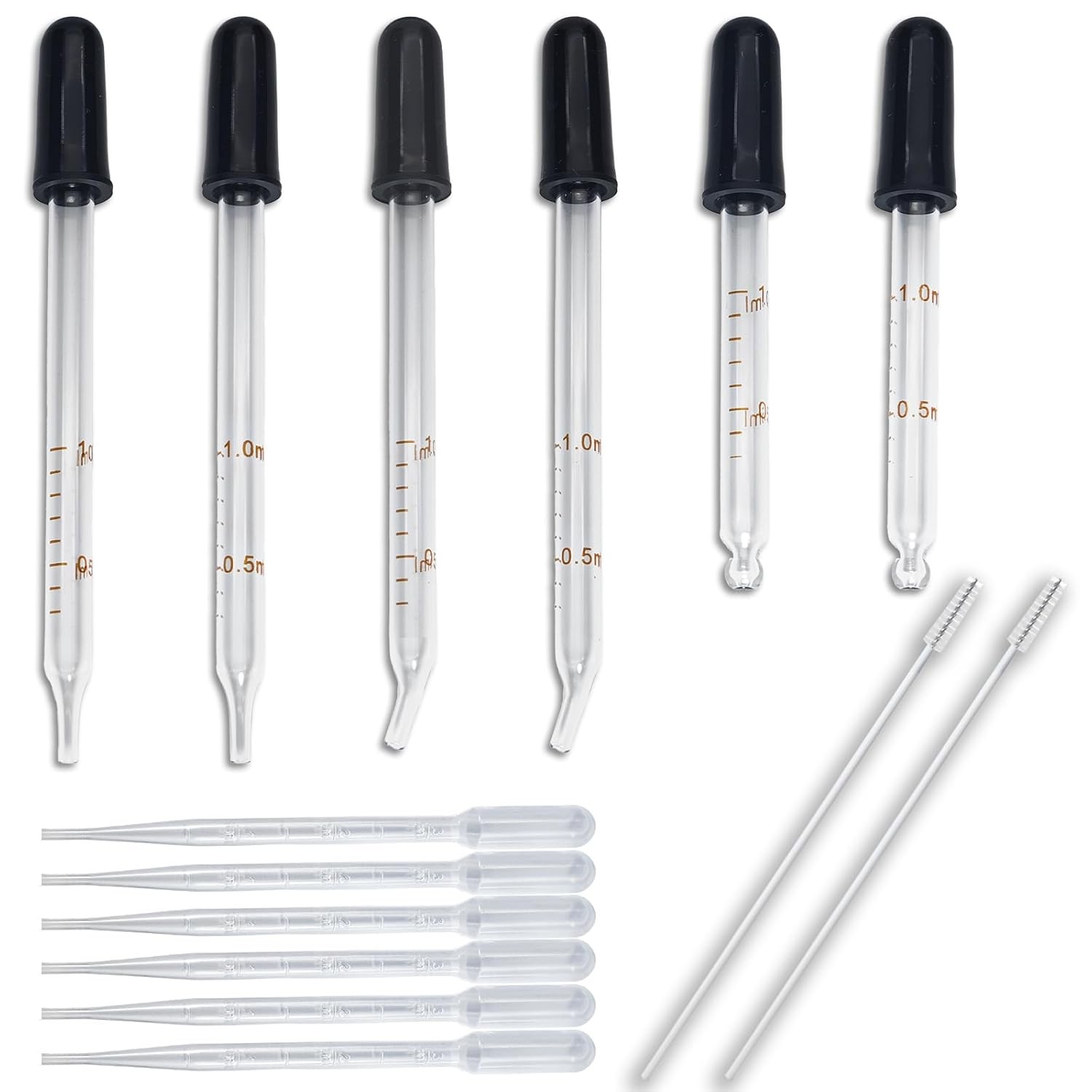6PCS 1ml Glass Eye Droppers with Cleaning Brush for Essential Oils, Medicine Lab