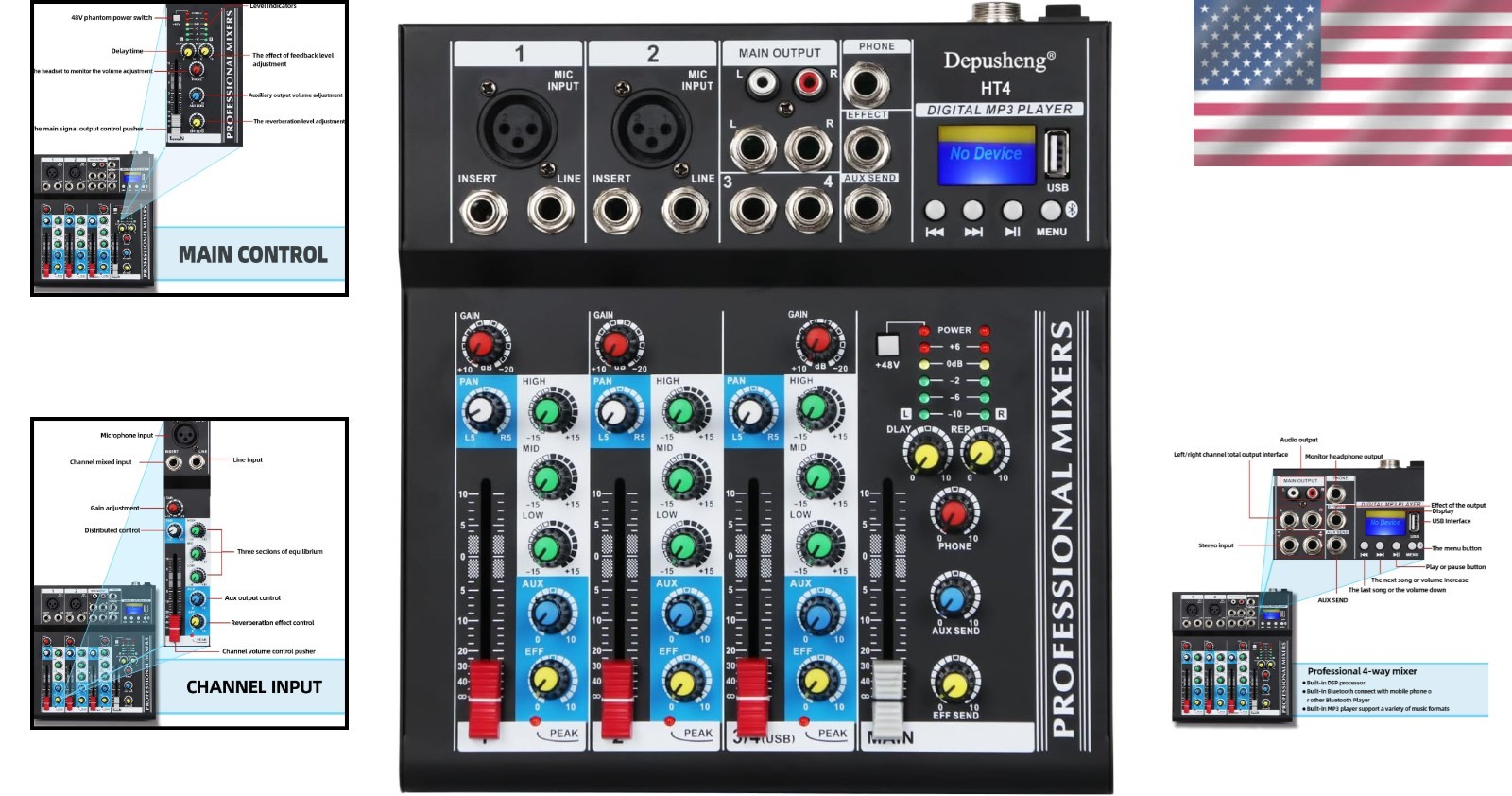 HT4 Bluetooth DJ Mixer USB Interface, 4-Ch Studio Recording