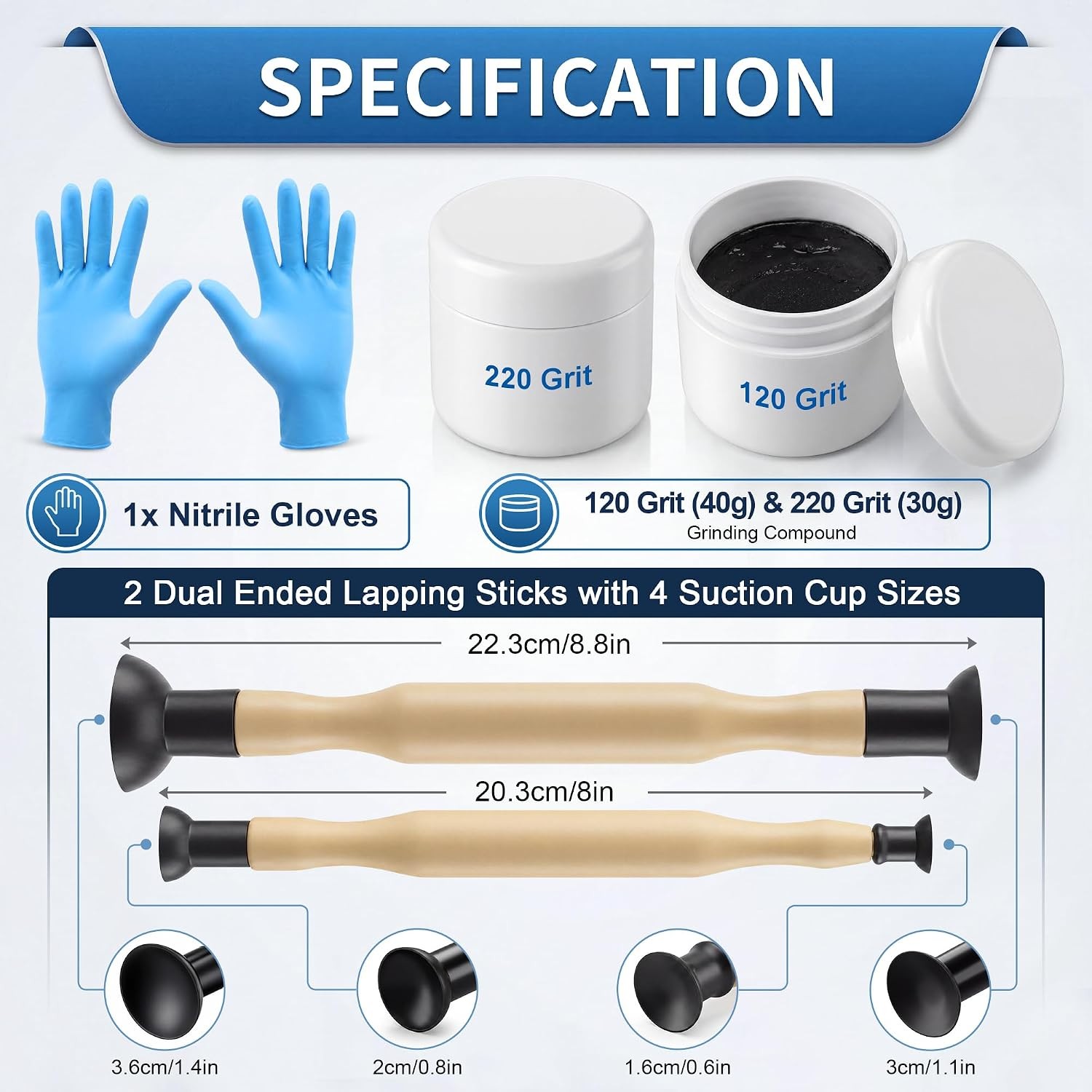 Complete Valve Grinding Kit with Lapping Sticks 120 220 Grit Compound Tool Set